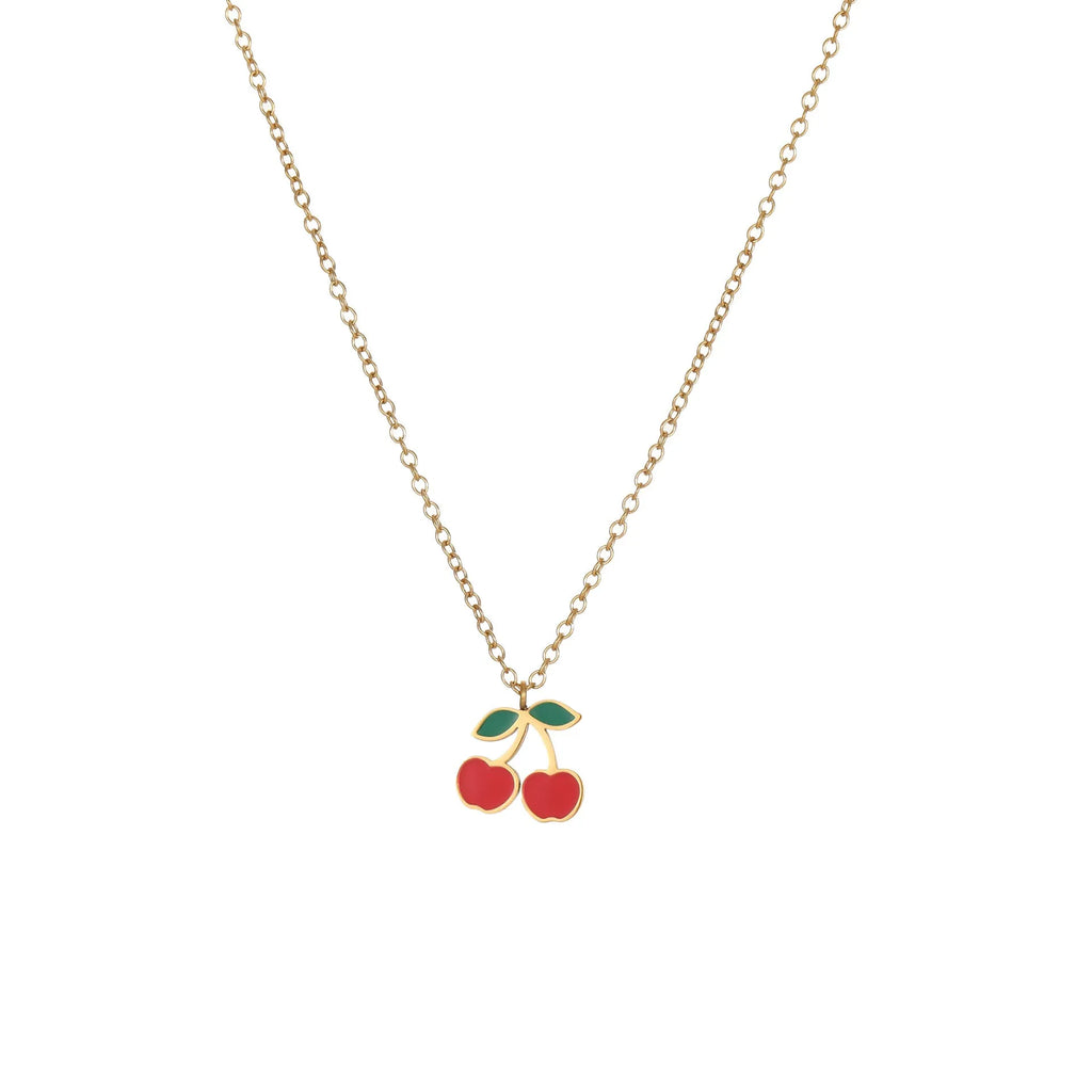 Cherry jewellery set with stainless steel necklace, bracelet, earrings, and ring featuring geometric shapes and 18K plating