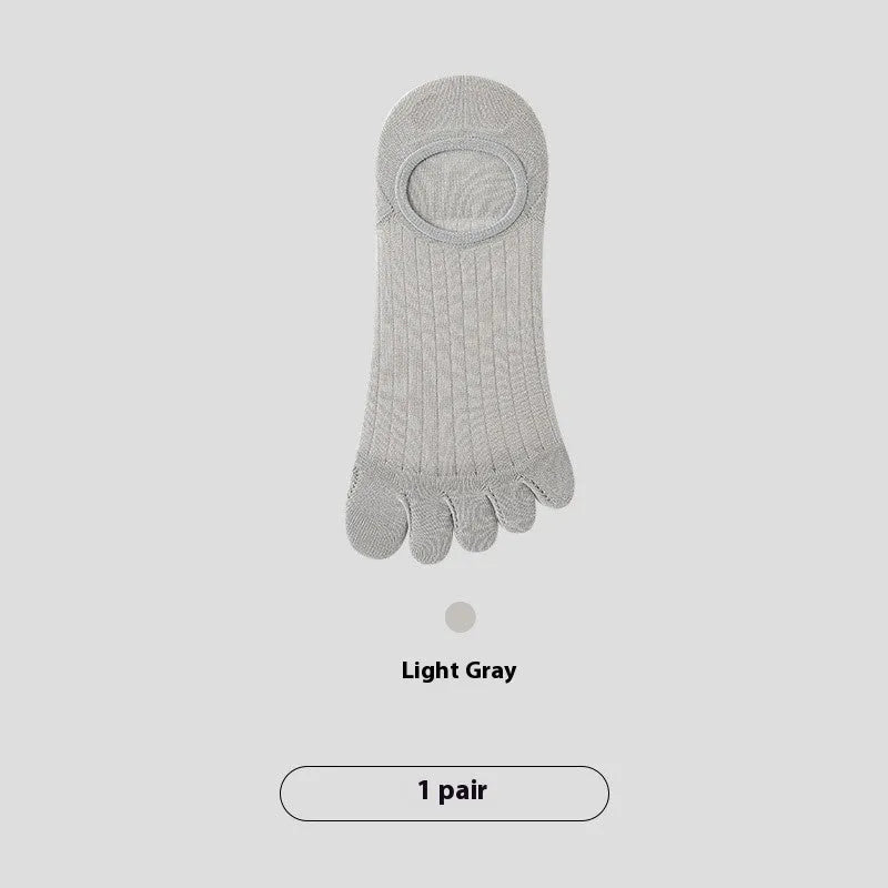 Men's five-finger invisible socks in modal fabric, shown in black, white, grey, and khaki colours