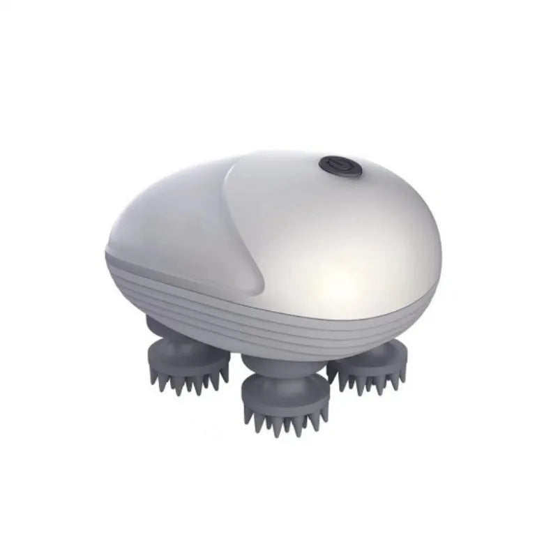 Blue handheld electric pet massager with four rotating heads, shown next to a cat.
