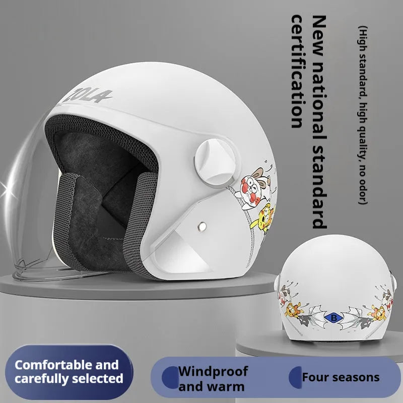 Blue winter electric bicycle helmet with anti-fog visor and attached neck scarf.