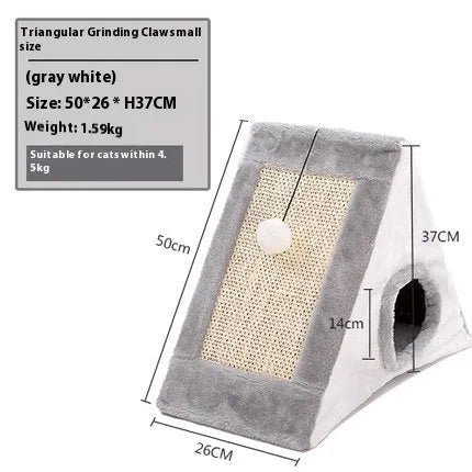 Grey and white triangle-shaped cat scratching post with an integrated plush fur bed for lounging.