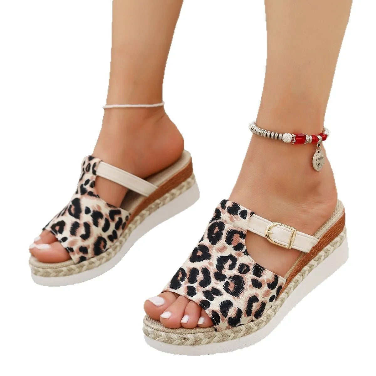Leopard print wedge platform sandals with fish mouth toe bracket in light green.
