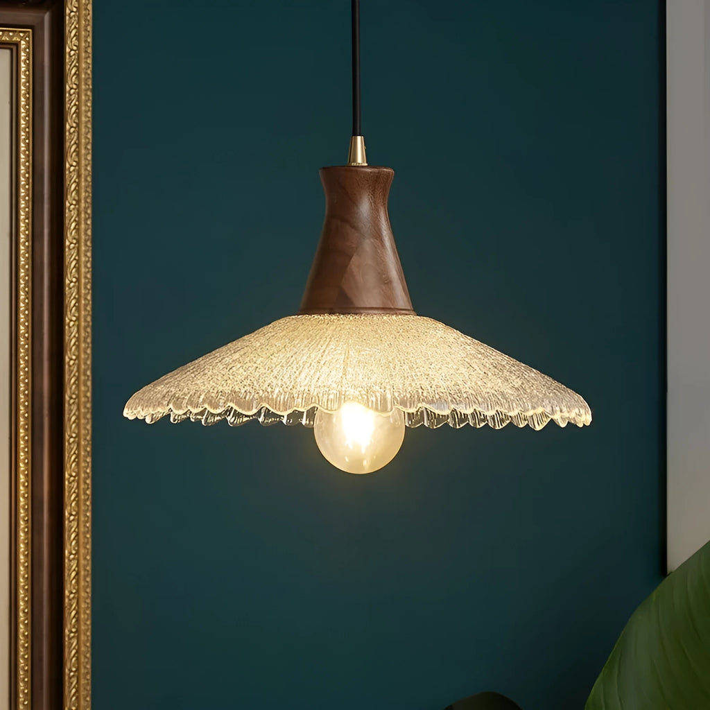 Wood and brass electroplated chandelier with glass shade in three sizes for commercial lighting