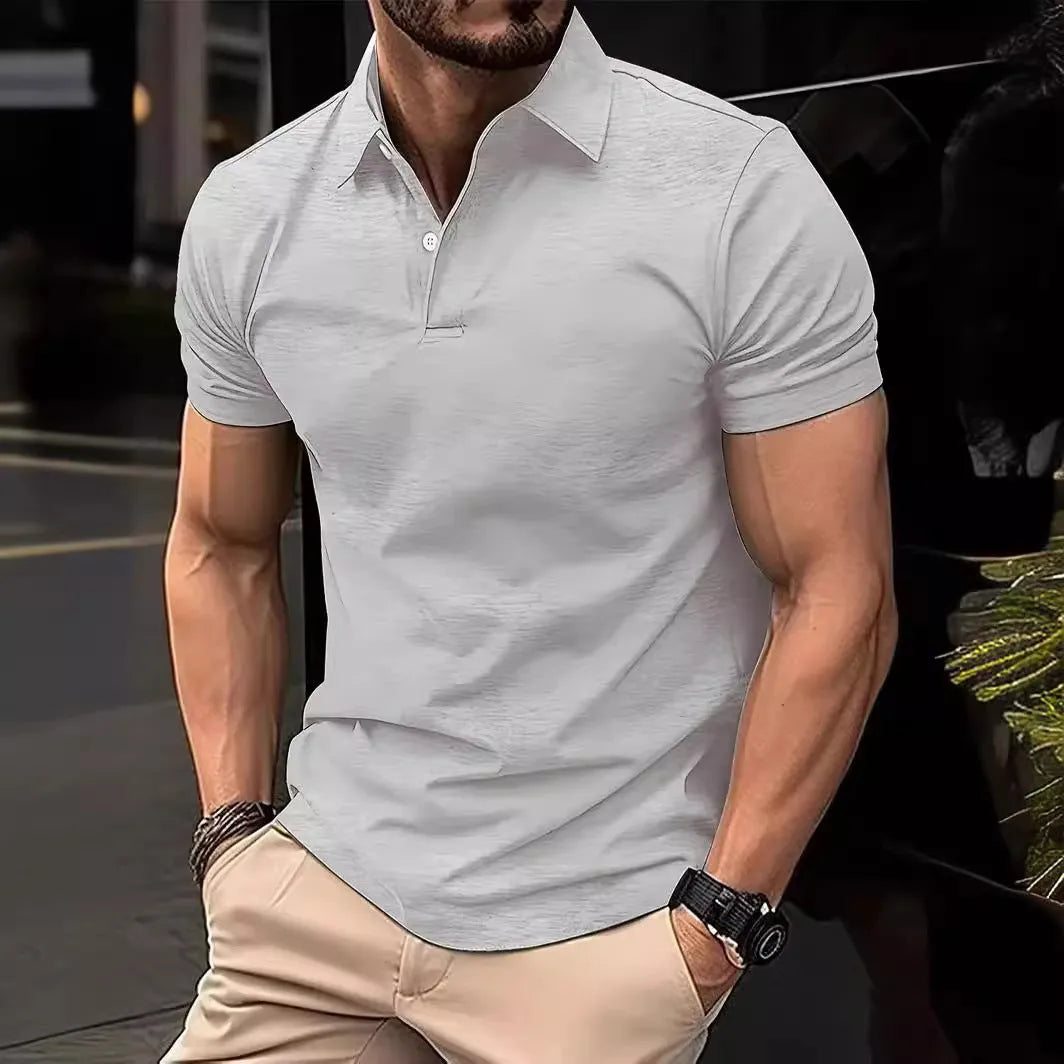 Men's solid colour slim fit short sleeve casual shirt with button front on a hanger.