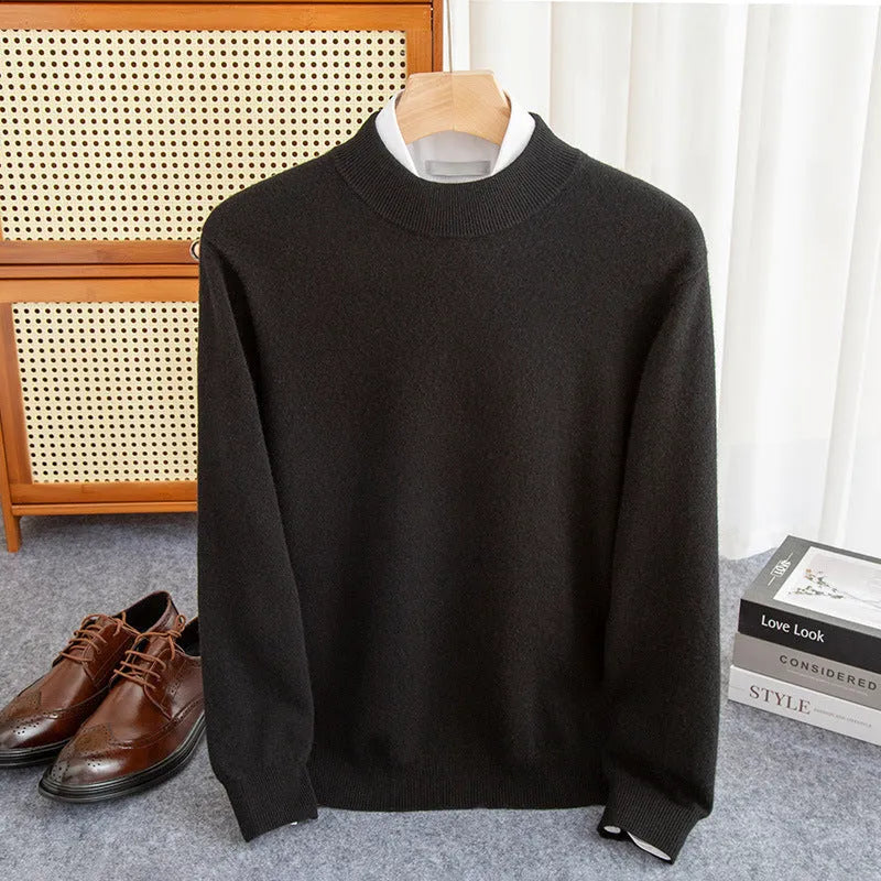 Men's loose fit half-collar wool sweater in a light business style, shown in a range of colours.