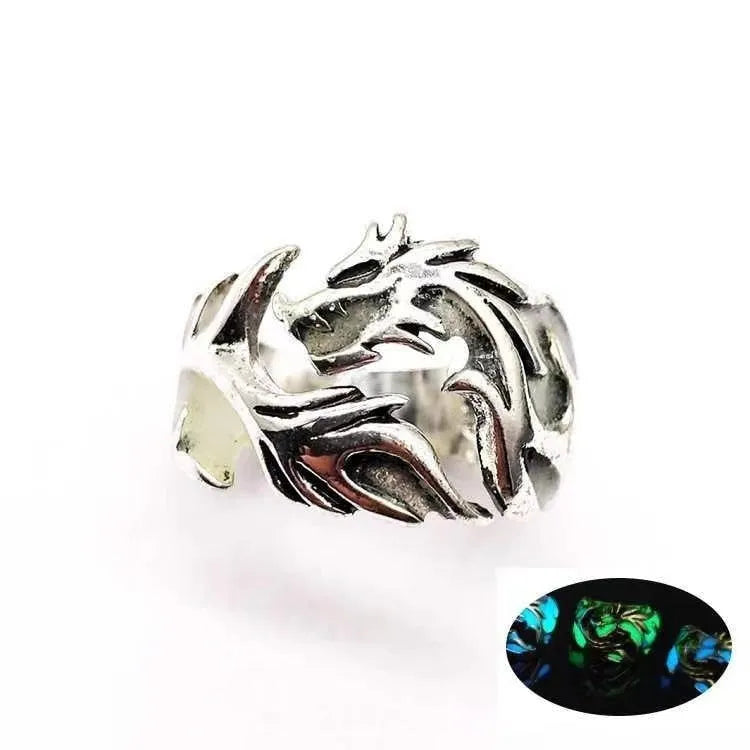Chinese style luminous dragon pattern ring in antique silver blue and green on a metal adjustable band.