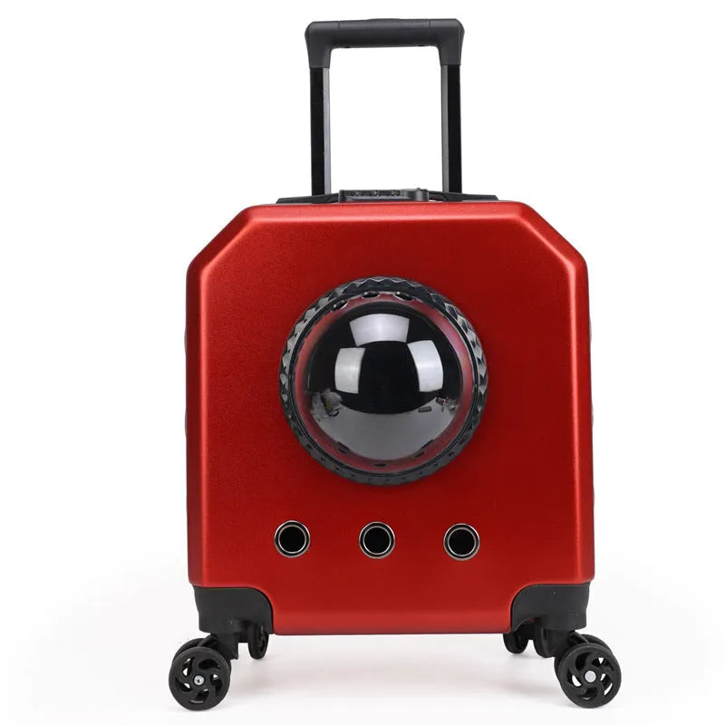Hard PVC pet flight case in a choice of pink, burgundy, white, or orange colours, showing luggage compartment.