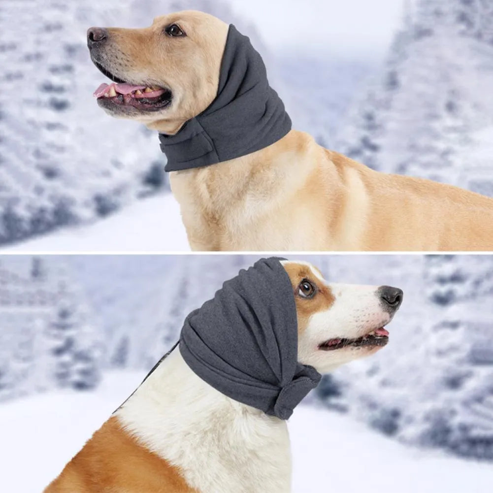 Black dog calming hoodie with ear wraps and closure, shown on a dog model