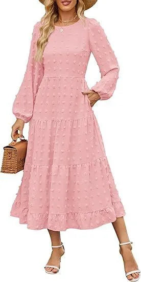 Women's long sleeve autumn dress with high waist and ruffle sleeves in solid colour
