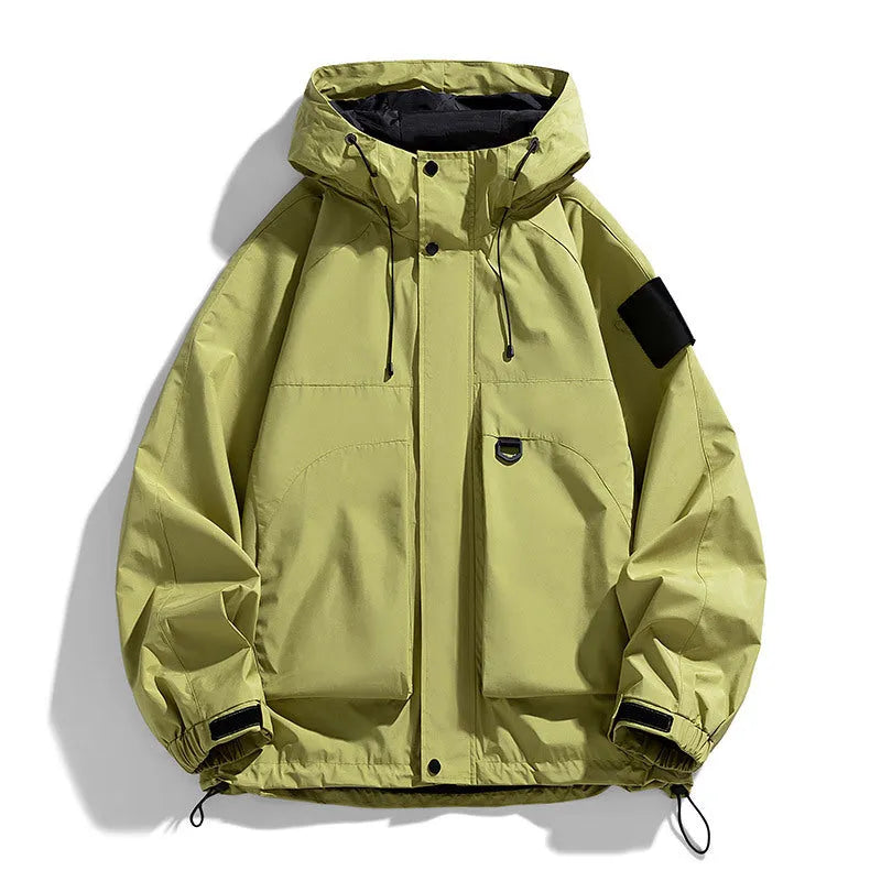 Men's waterproof windproof hooded jacket in polyester blend available in black, ginger yellow, or purple