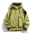 Men's waterproof windproof hooded jacket in polyester blend available in black, ginger yellow, or purple
