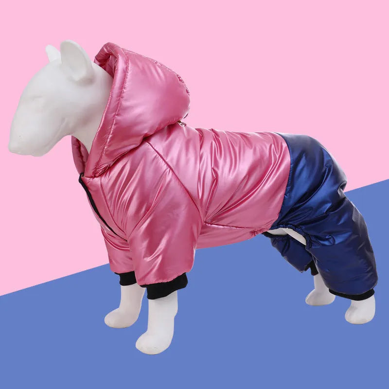 Green waterproof four-legged dog coat with cotton padding on small dog