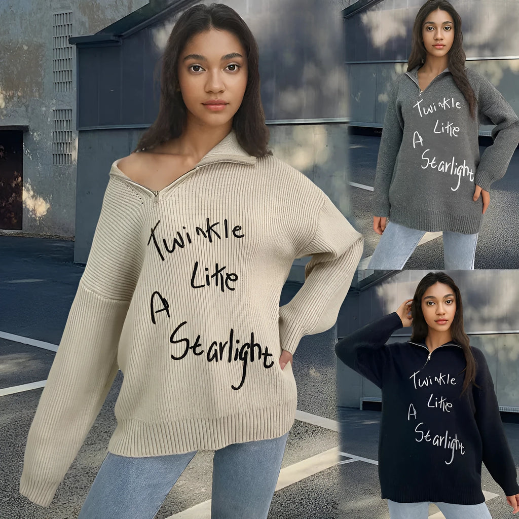 Women's retro loose lapels pullover sweater with oblique zipper detail in alpaca wool fabric