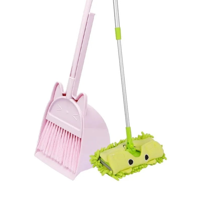 Purple broom and dustpan set with rotating brush head and integrated brush holder