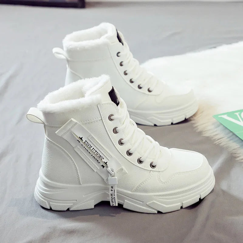Women's plus size tall black snow boot with velvet lining and lace-up front on a rubber sole.