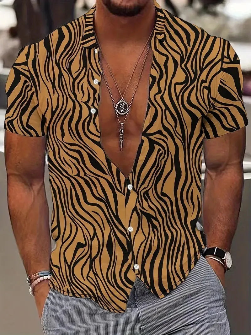 Men's slim fit short sleeve shirt with geometric line printing on the lapel, shown in a casual summer style.