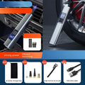Wireless digital display car air pump and vacuum cleaner with accessories on a grey background.