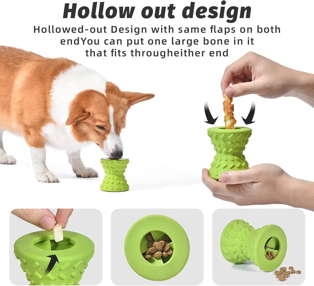 Blue natural rubber interactive treat dispensing dog toy for aggressive chewers with hollow centre.