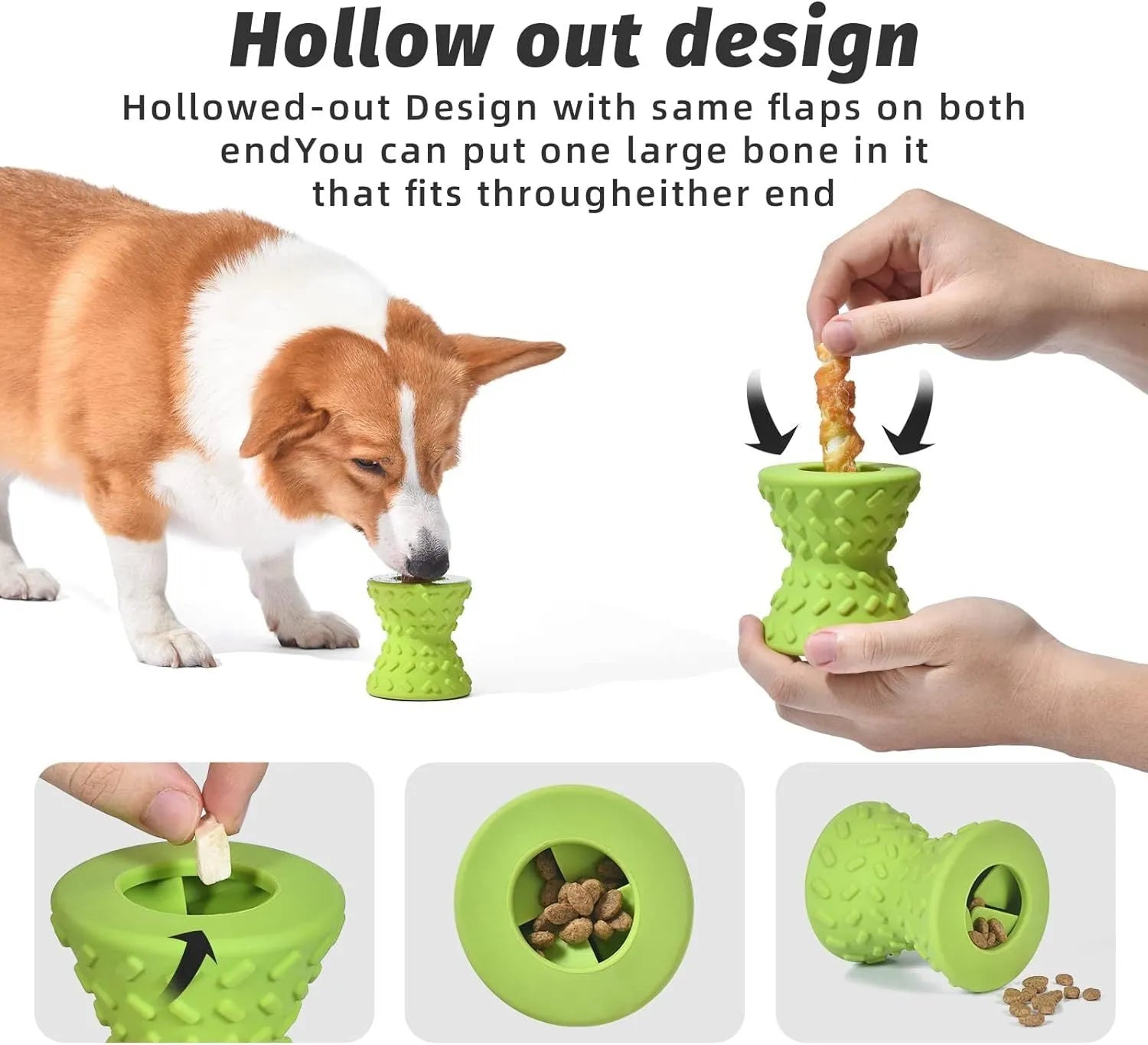 Blue natural rubber interactive treat dispensing dog toy for aggressive chewers with hollow centre.