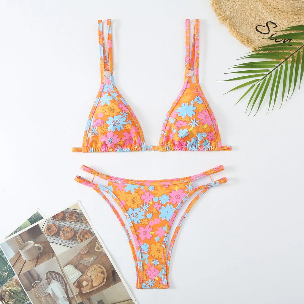 Women's floral printed halter bikini set with backless design in blue, white, or rose red polyester fiber swimwear