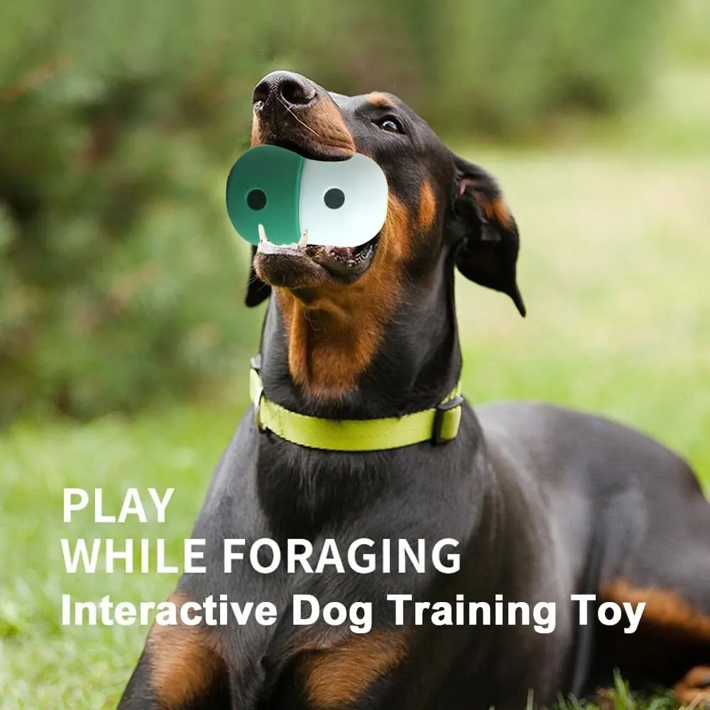 White and blue food grade silicone dog puzzle ball treat toy shown on a wooden floor.