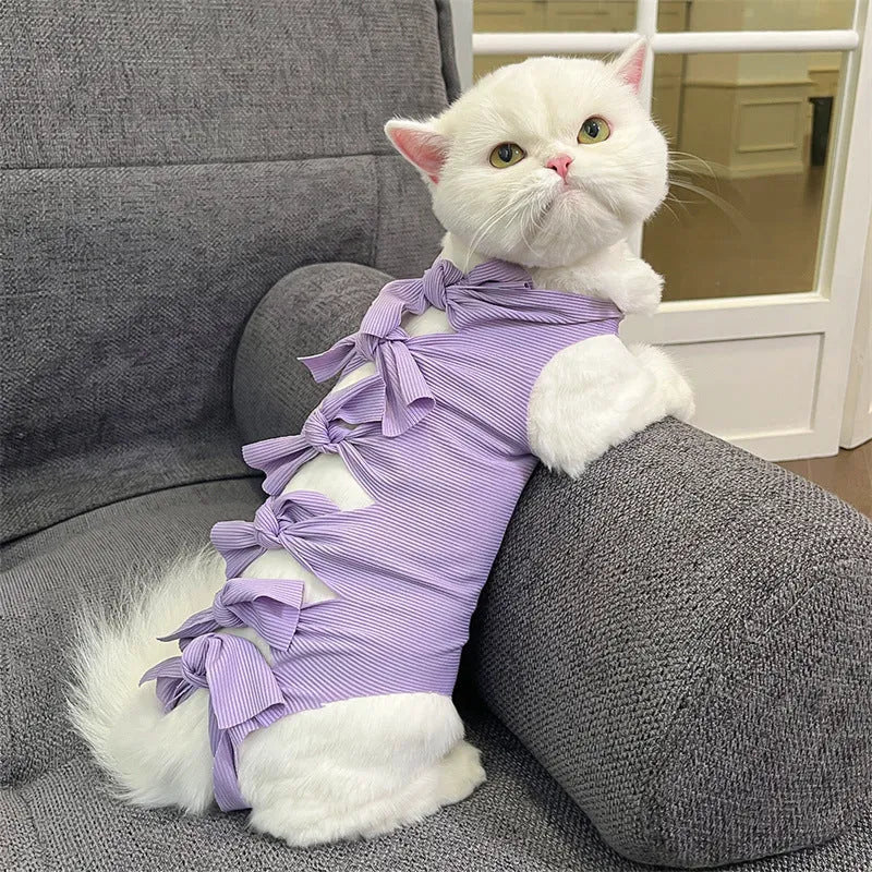 Lace-up polyester cat sterilisation recovery clothing in pink, purple, blue, brown and green pineapple colours