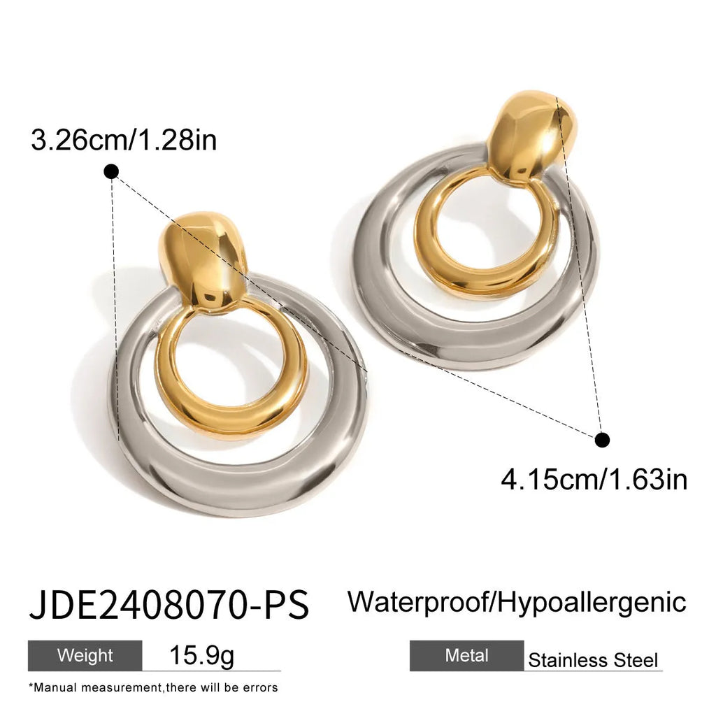 Round double layer hollow stud earrings with gold electroplated surface on titanium steel