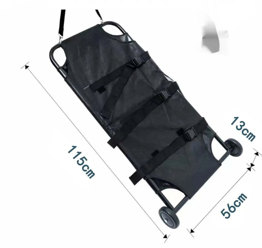 Large black aluminium alloy foldable pet stretcher for emergency dog transfer and rescue.