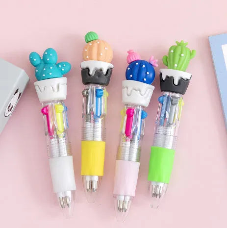 Cute cartoon-themed four-colour press ballpoint pen with 0.7mm tip, showing one random design variant.