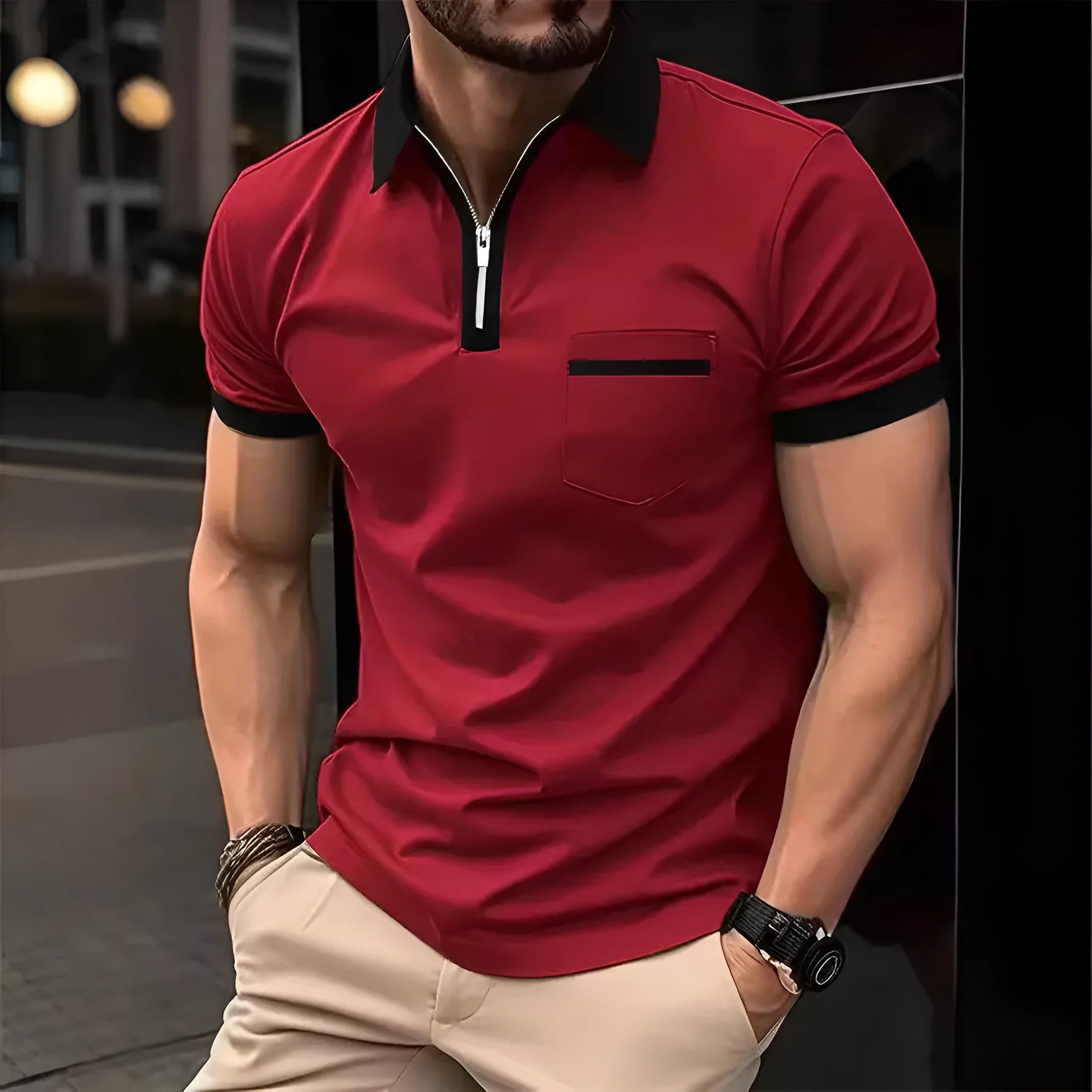 Men's loose-fit casual short-sleeve shirt with a chest pocket and zipper detail on the front.