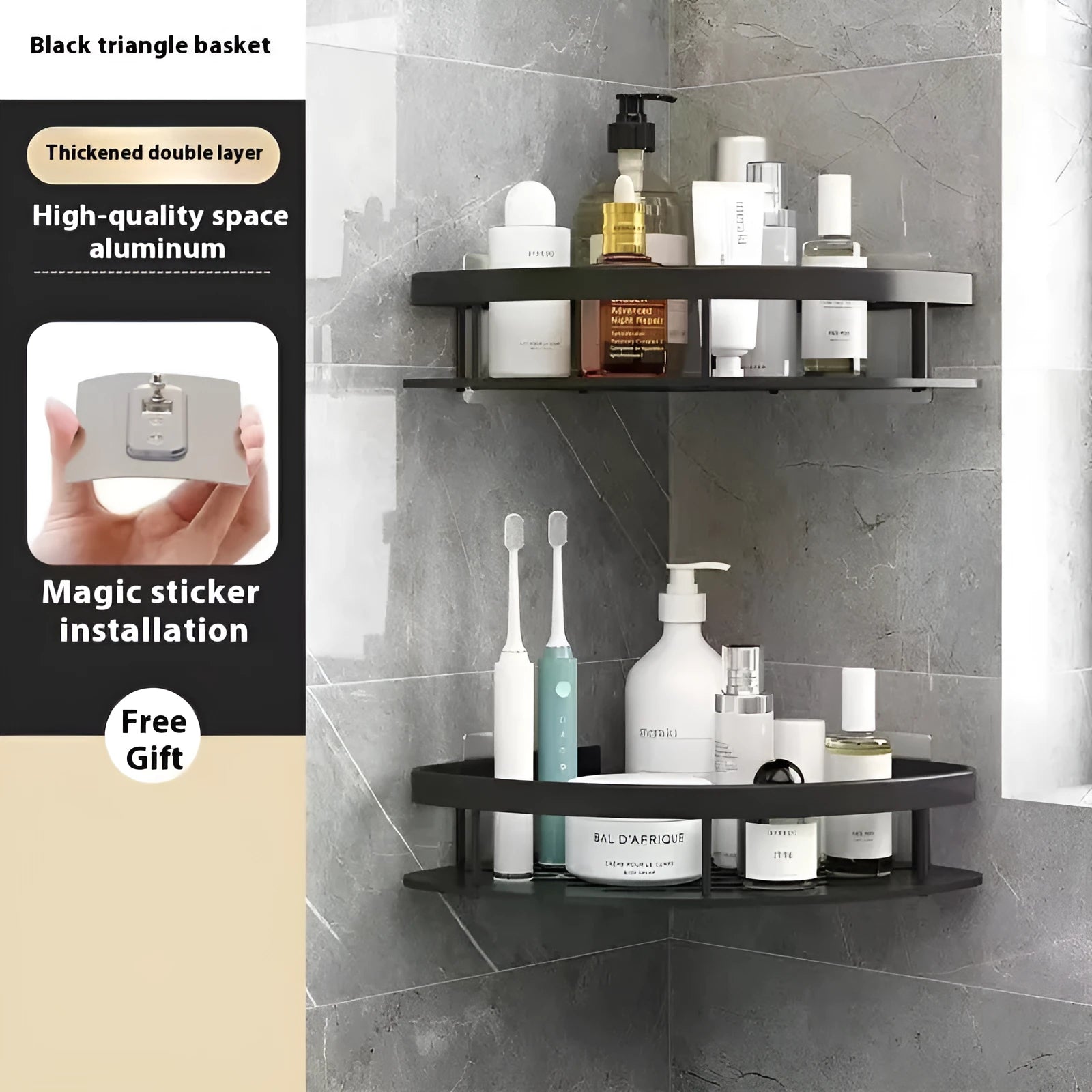 Black punch-free double-layer triangle bathroom storage rack on a wall.