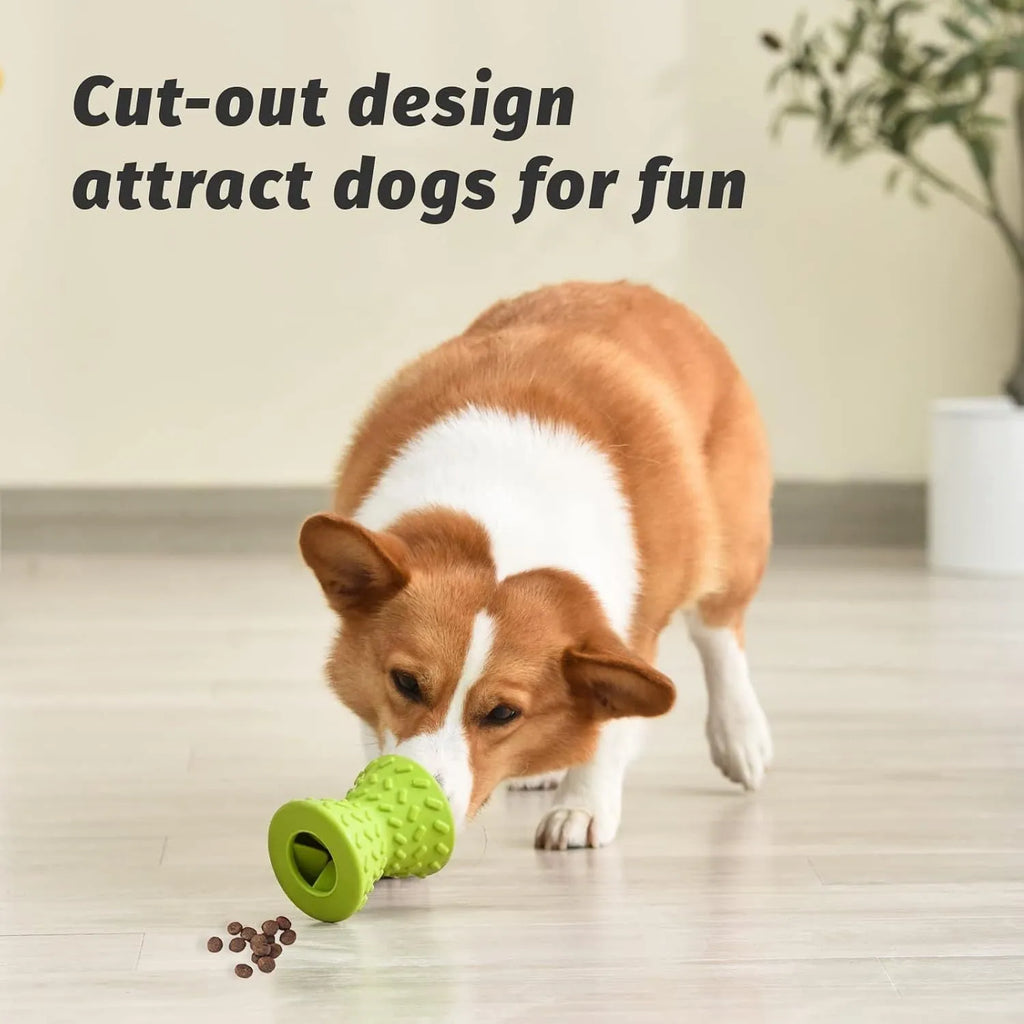 Blue natural rubber interactive treat dispensing dog toy for aggressive chewers with hollow centre.