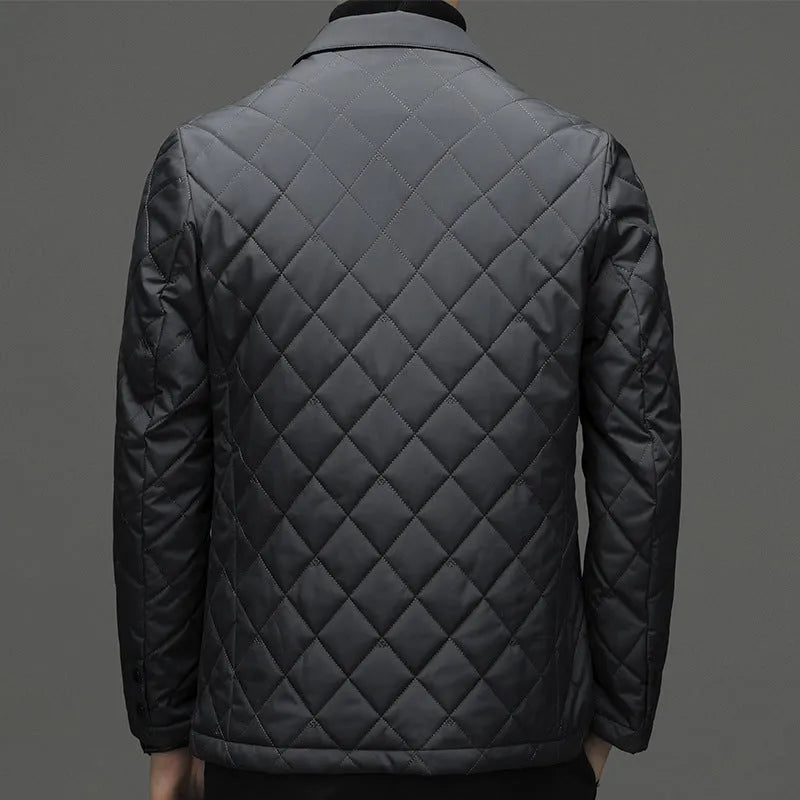 Men's thick lapel down jacket with side seam pockets in black, dark grey or shrimp blue