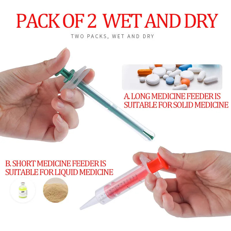 Two soft-tip silica gel pet pill shooters for cats and dogs on a white background