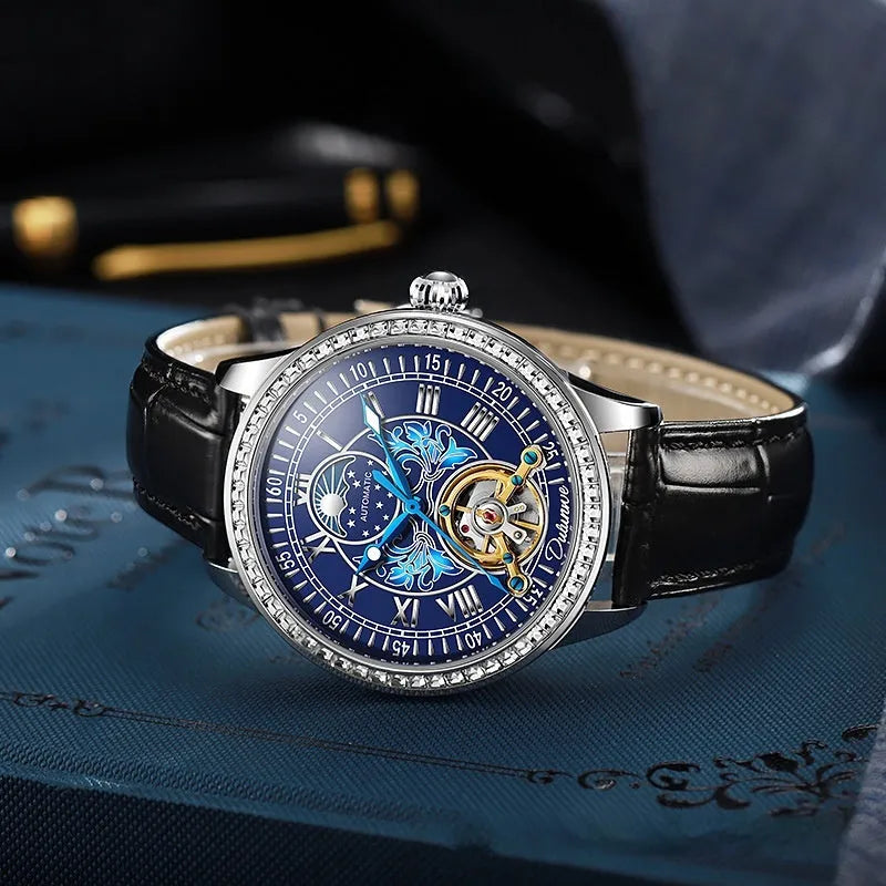 Men's waterproof mechanical watch with stainless steel strap and transparent case back showing movement