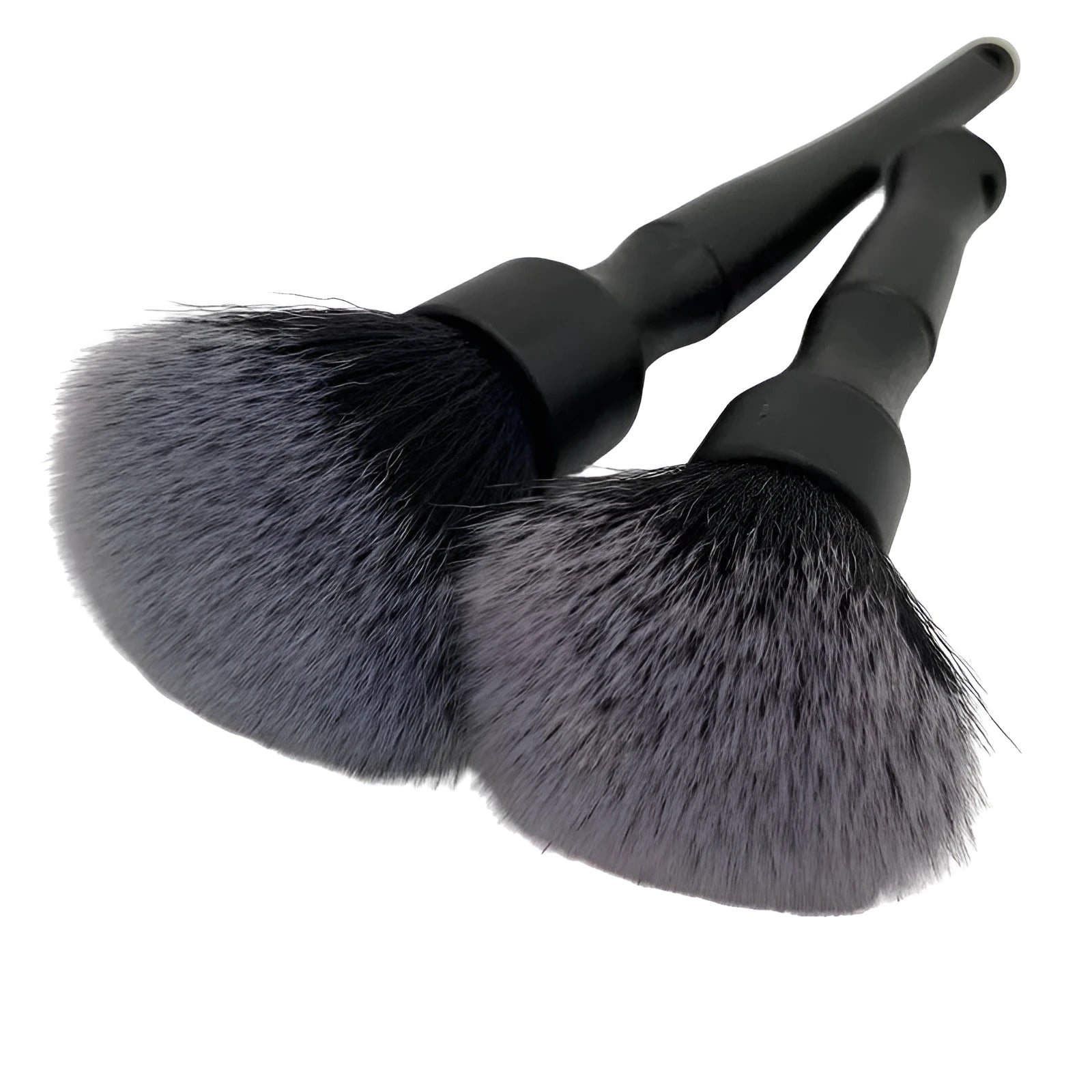 Black car detailing brush with super soft pig hair bristles shown in large and small sizes.