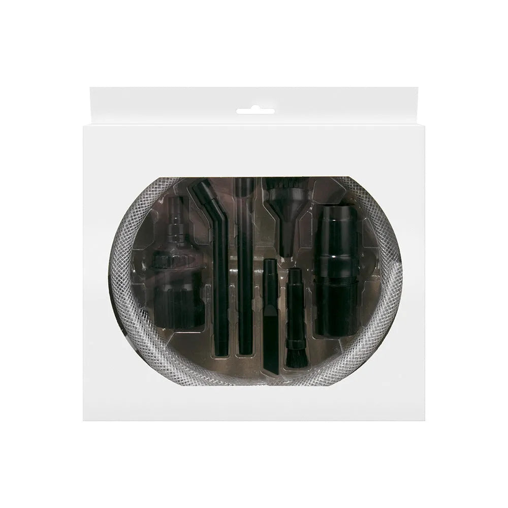 Eight-piece vacuum cleaner attachment set with multiple specialised suction heads for compact space cleaning