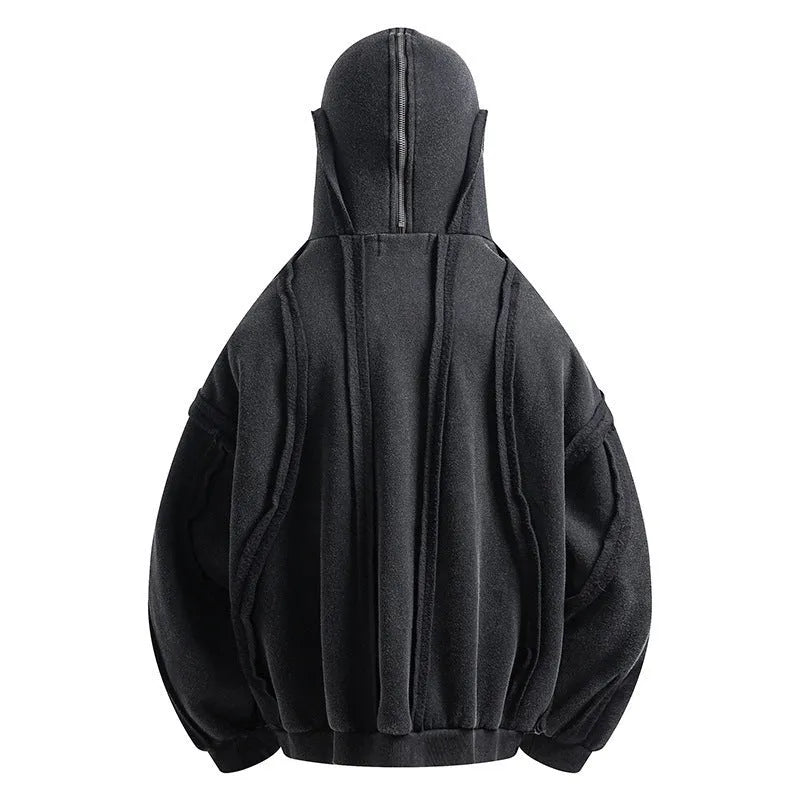 Black loose fit padded cotton cardigan with zip front and hood in retro style