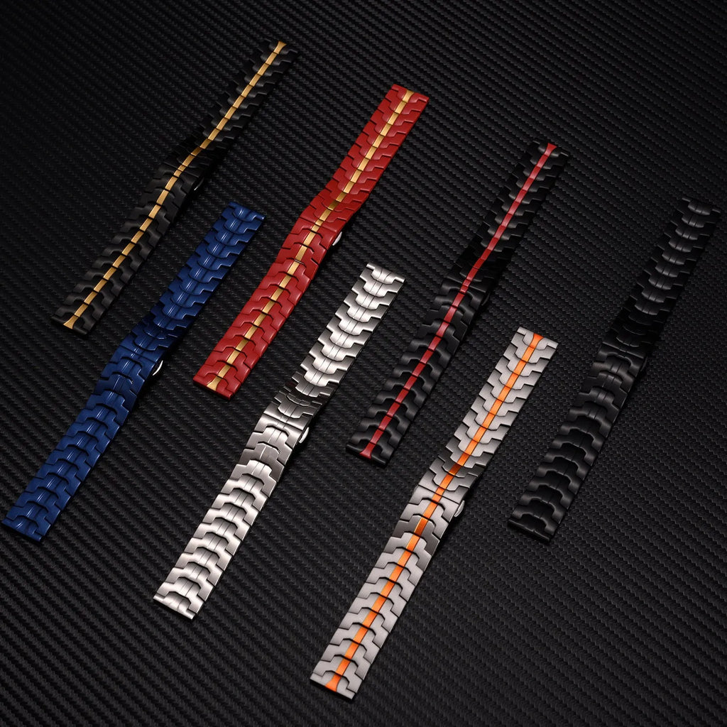 Stainless steel replacement watch band for Samsung Watch models in silver and black colour options