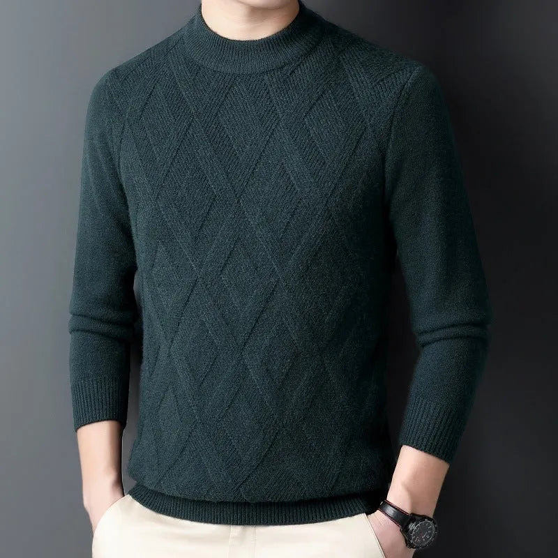 Men's winter thermal plus size sweater in wool blend with diamond jacquard texture