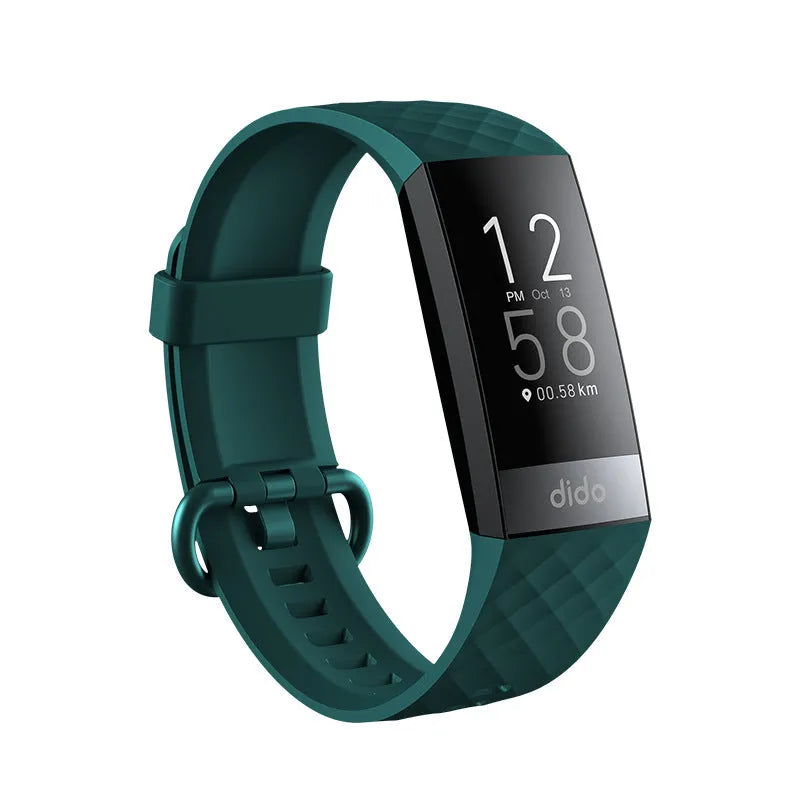 Black smart health bracelet with screen showing blood pressure and ECG readings on wrist.