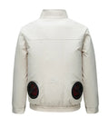 Men's black summer cooling work jacket with integrated fan and multiple ventilation holes on front.