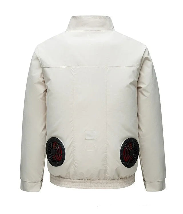Men's black summer cooling work jacket with integrated fan and multiple ventilation holes on front.