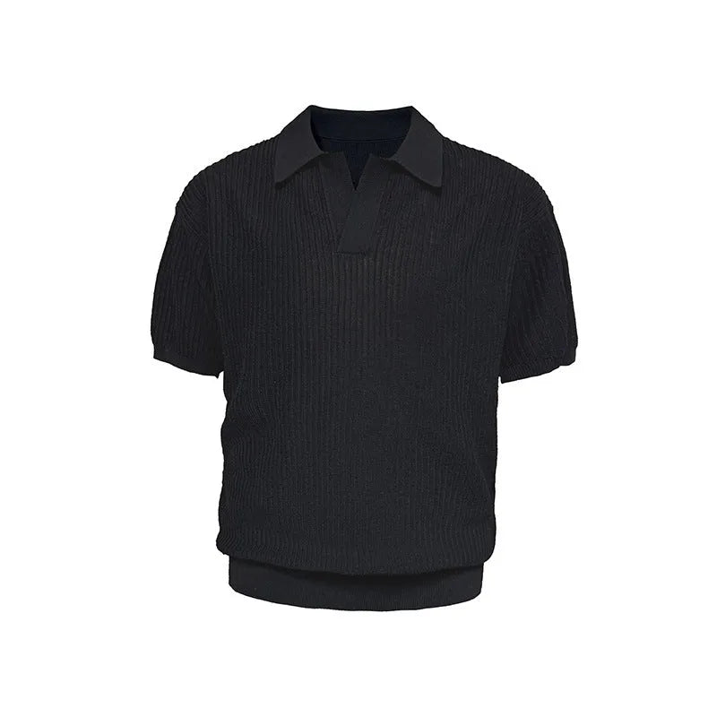 Men's business style polo shirt with striped collar in ice silk fabric, available in creamy-white, black and grey colours