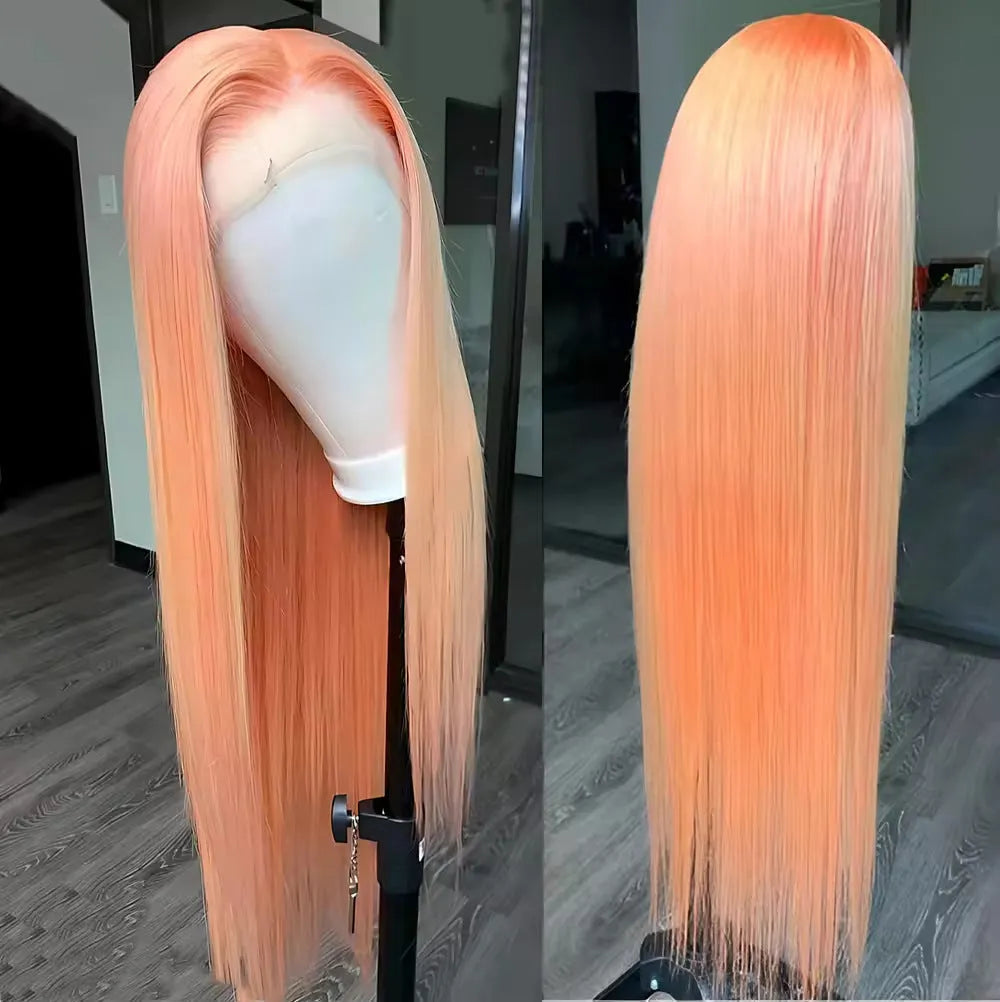 Light orange long straight front lace synthetic wig with side bangs on a wig stand