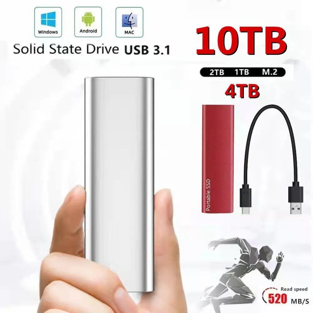 Mobile SSD expansion hard drive with metal casing in ultra-thin design showing capacity options