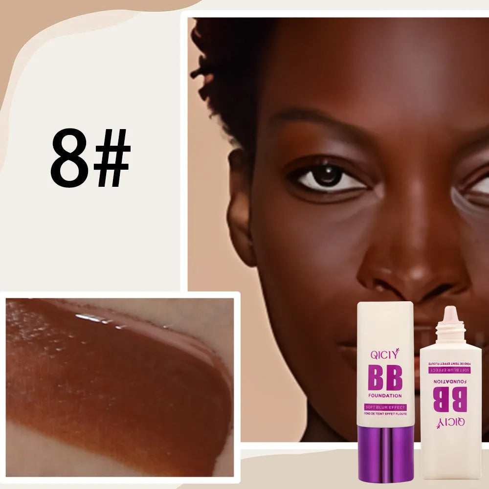 Feeding bottle design BB cream liquid foundation with brightening repair, showing 10 shade options.