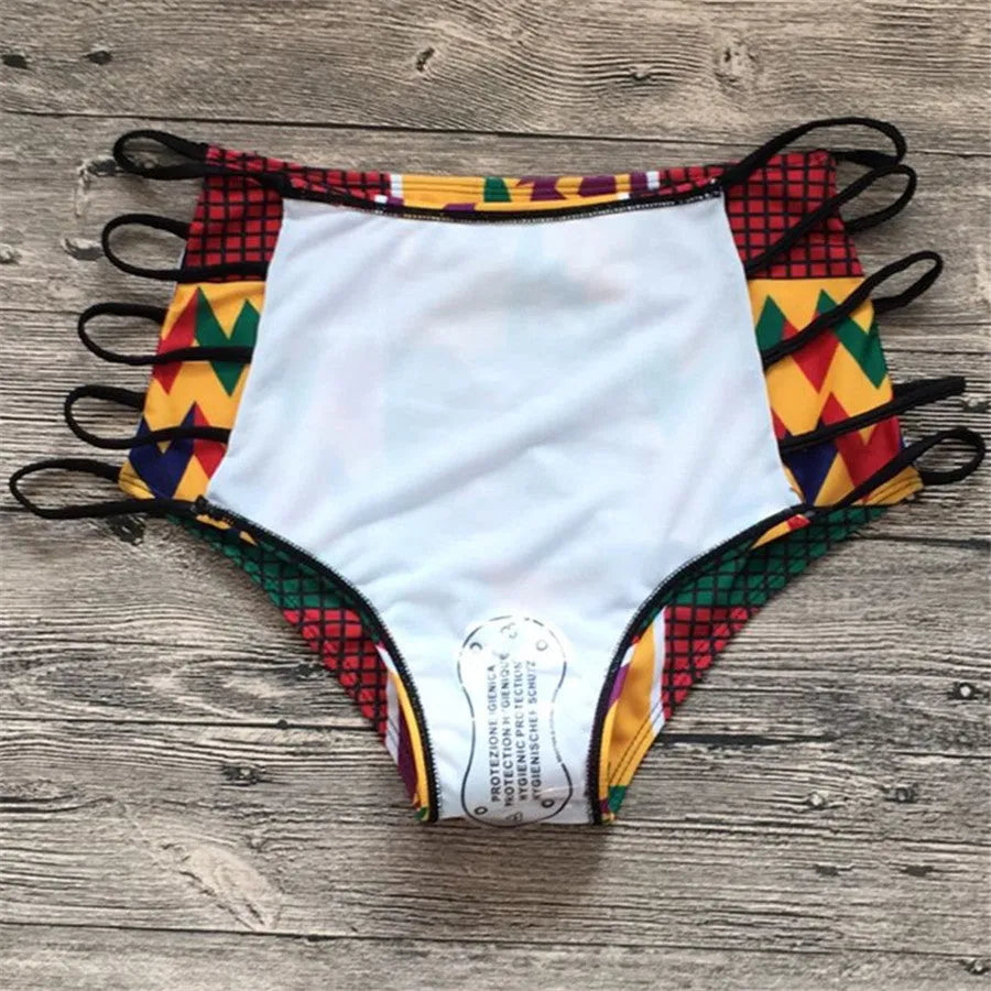 Women's black and white digitally printed split bikini with high-waist shorts and backless design