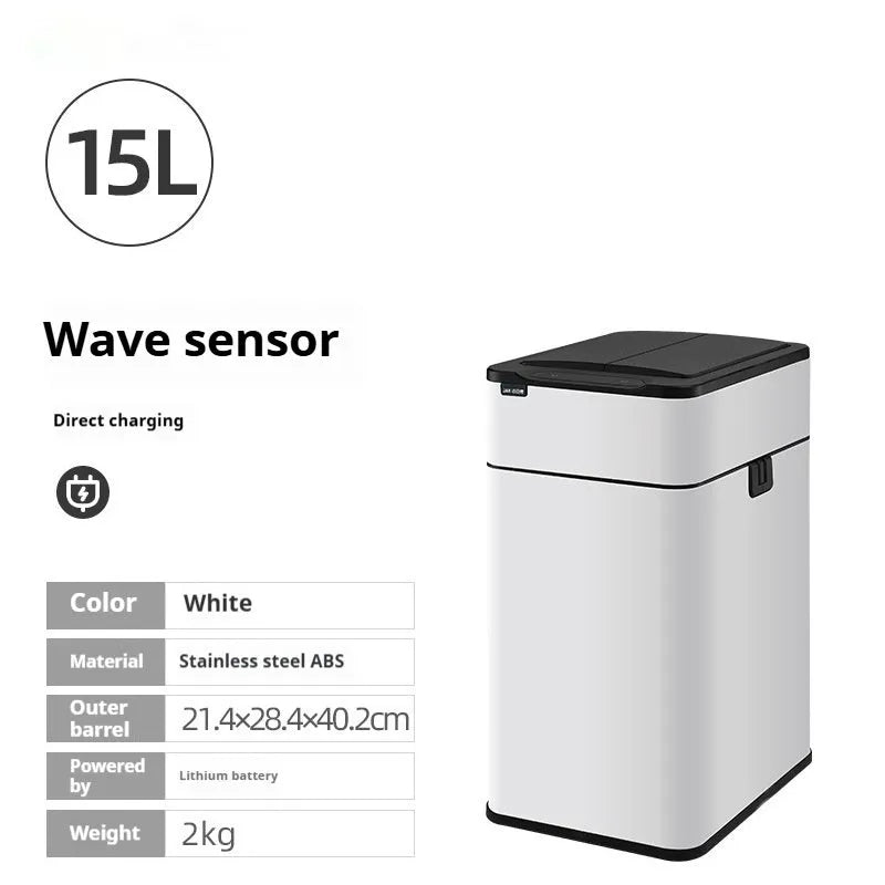 Stainless steel smart inductive trash can with square shape available in multiple sizes for kitchen and office