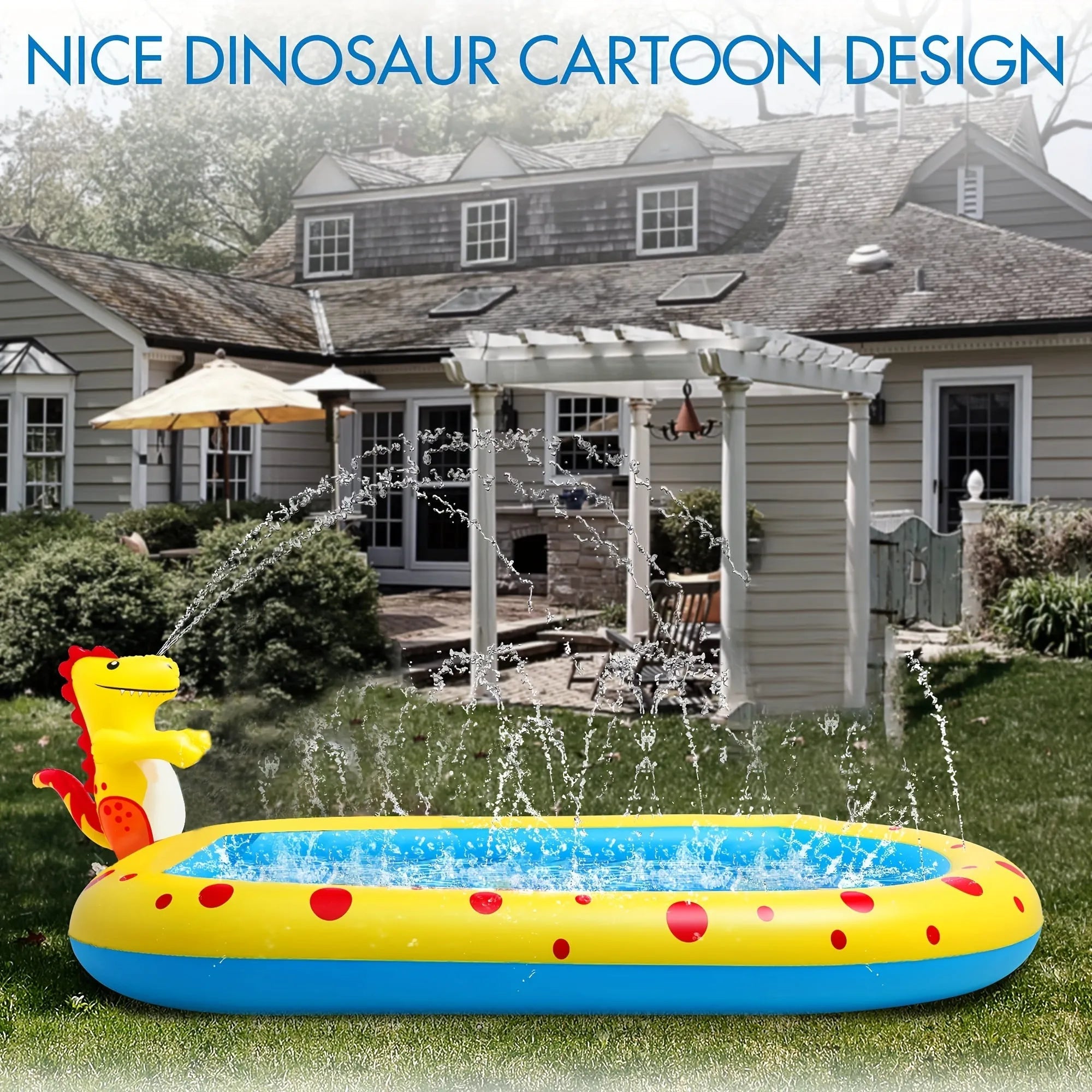 Blue and yellow dinosaur and shark themed large inflatable water spray pool for kids in a garden